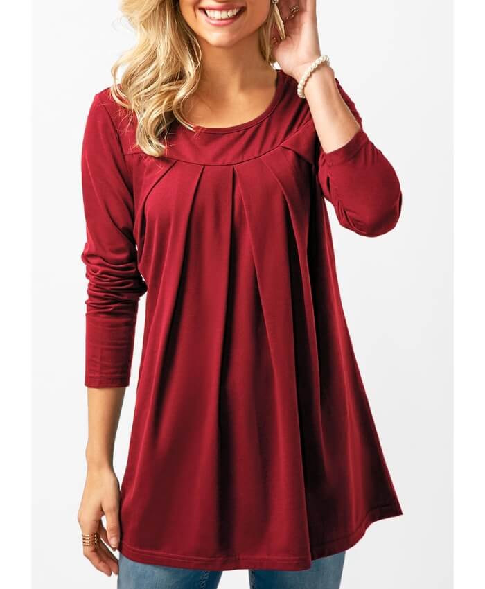 Long Sleeve Round Neck Pleated T Shirt